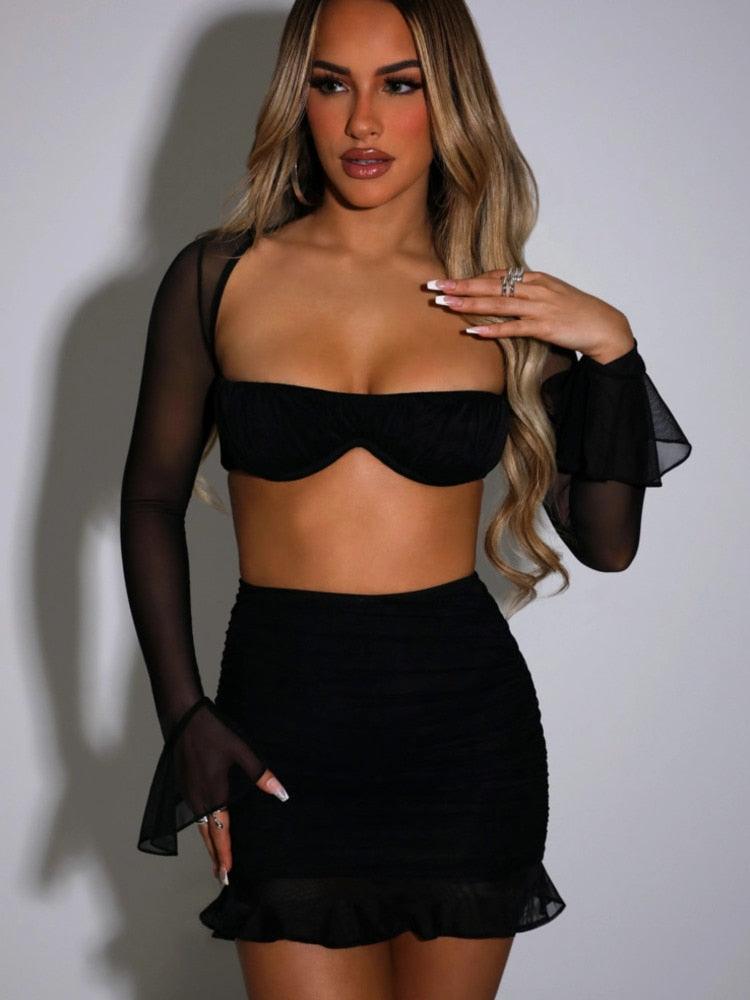 Mesh Sexy Dress Set Strapless Full Sleeve Crop Top And Mini Skirt