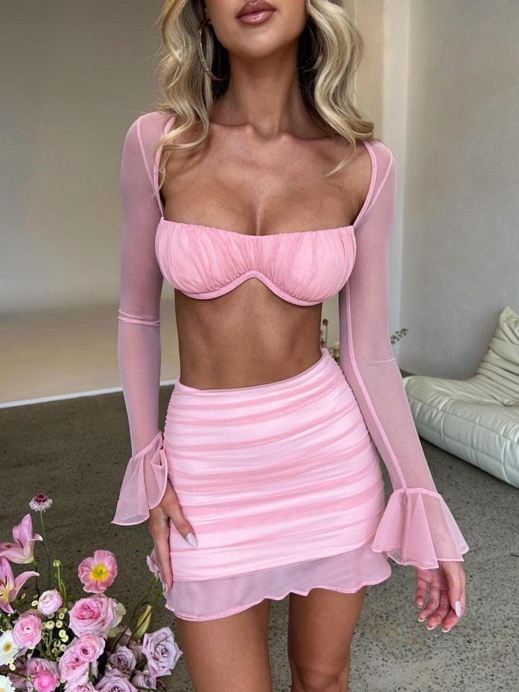 Mesh Sexy Dress Set Strapless Full Sleeve Crop Top And Mini Skirt