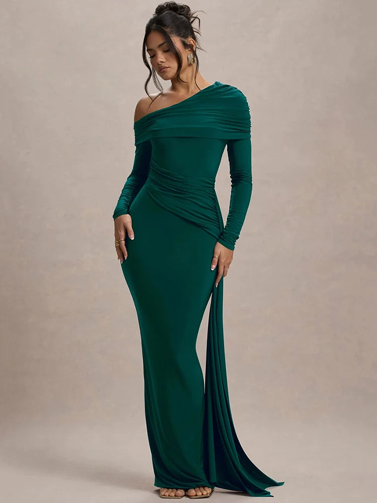 Skew collar draped long sleeve elegant maxi dress in green.