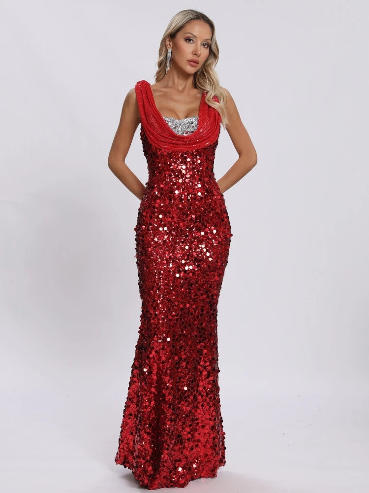 Elegant red sequin Christmas dress with swinging neck design.