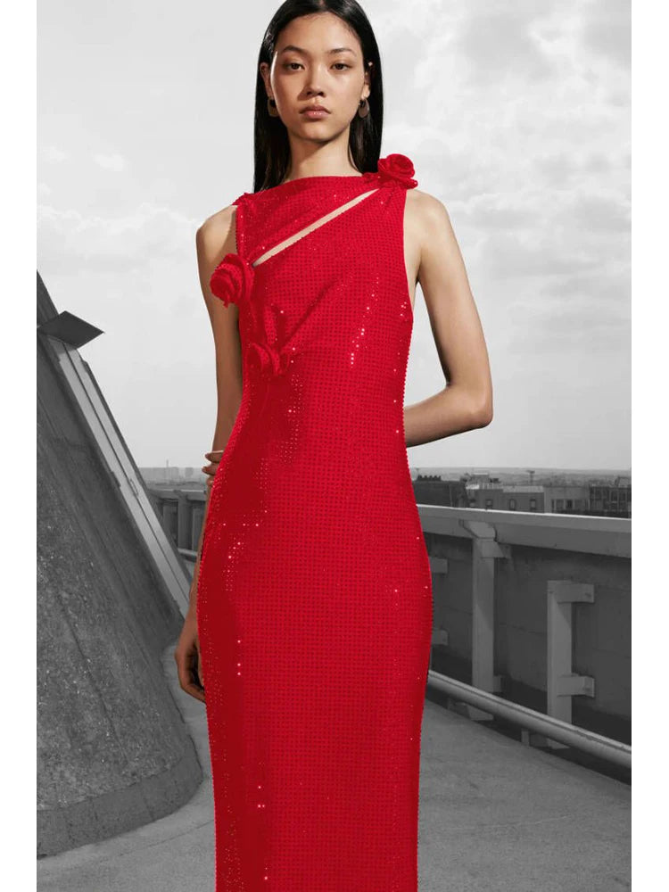 Elegant red bodycon dress with 3D flower cutouts and rhinestones.