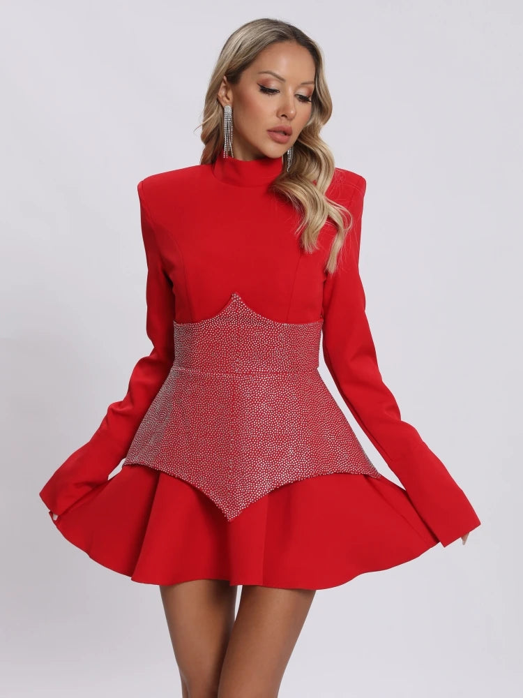 Christmas red sexy turtleneck waist sparkle diamonds A-line mini dress.