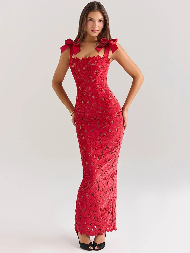 Elegant Bows Lace Sleeveless Backless Bodycon Christmas Dress in red