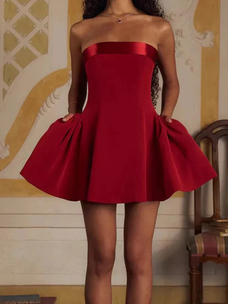 Sexy strapless red off shoulder backless mini Christmas dress with A-line folds.