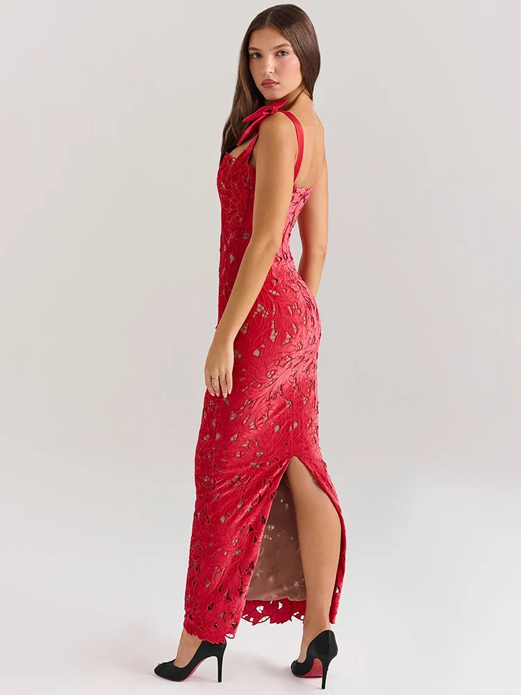 Elegant red lace sleeveless backless bodycon Christmas dress with bows.