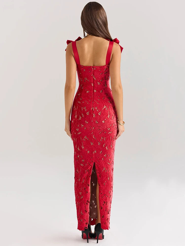 Elegant red lace sleeveless backless bodycon Christmas dress with bows.