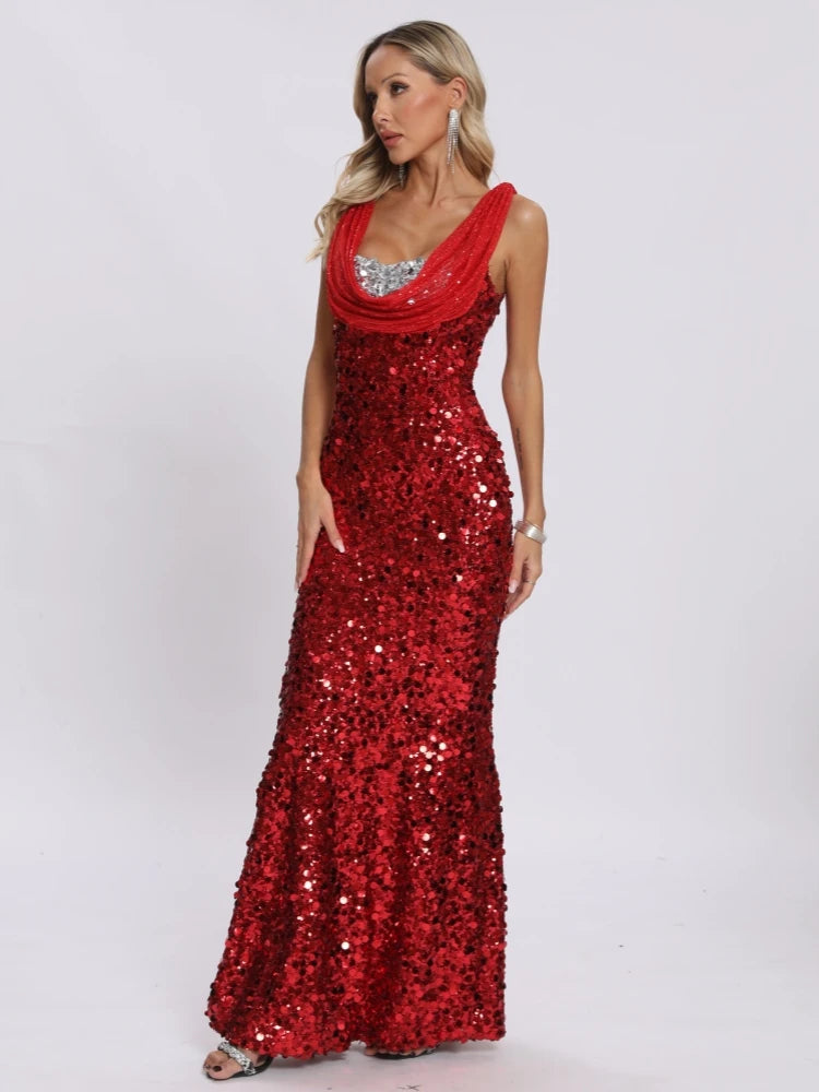 Red long dress with swinging neck and elegant sequins for Christmas party.