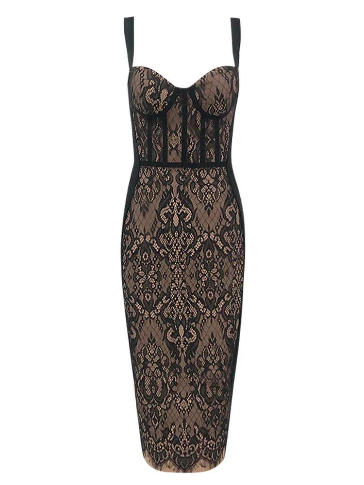 Elegant spaghetti strap lace patchwork bandage sleeveless square neck bodycon midi dress.