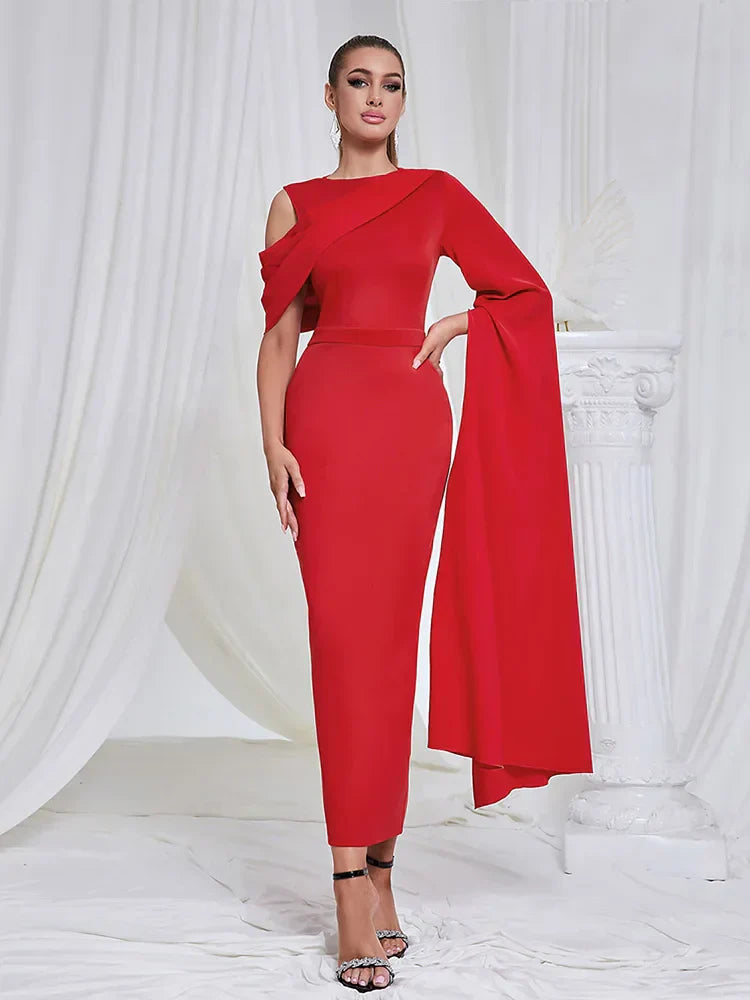 Elegant long sleeve draped red one-shoulder patchwork dress.