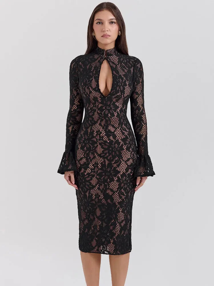 Elegant double layer lace stand neck black bodycon dress.