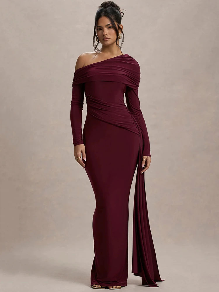 Elegant skew collar draped long sleeve maxi dress in burgundy.