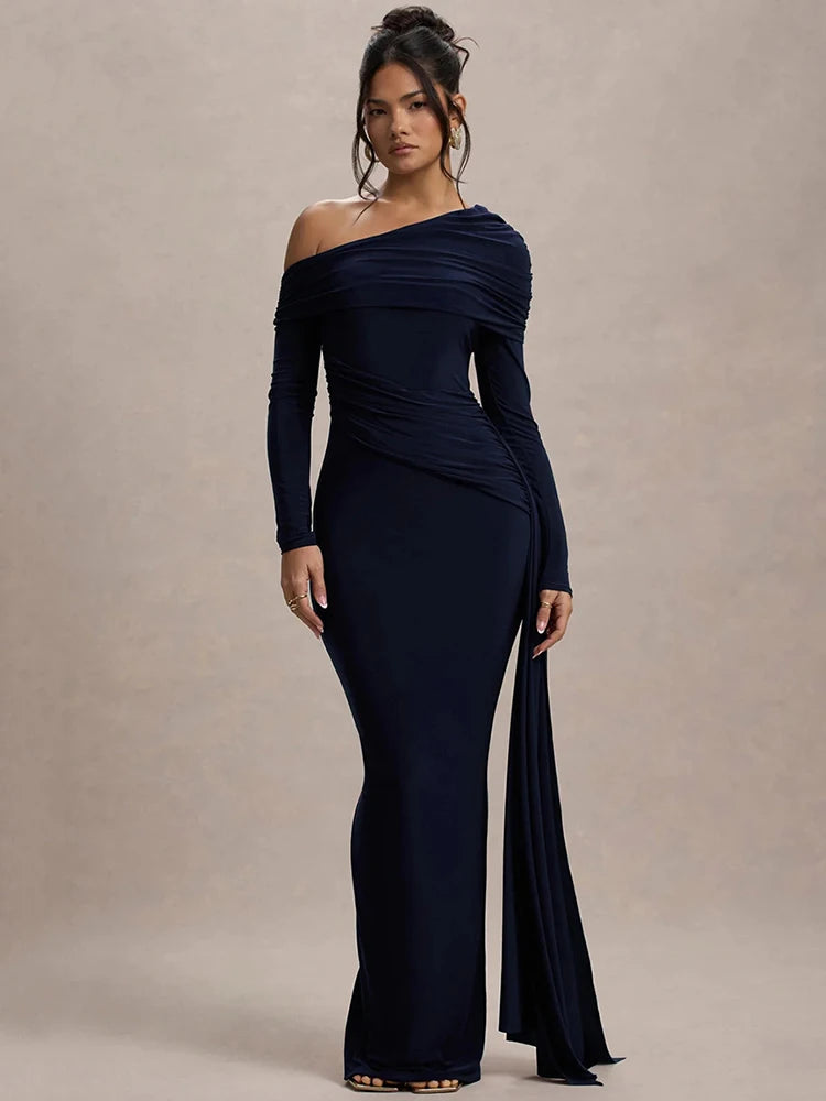 Elegant skew collar draped long sleeve maxi dress for formal occasions.