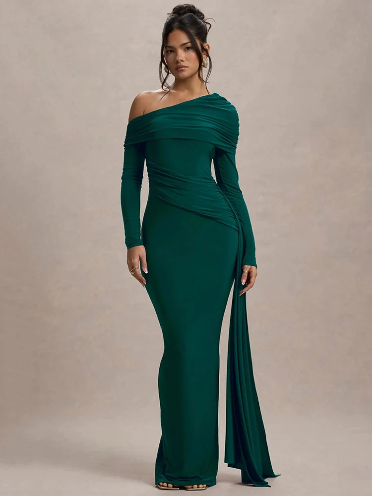 Skew collar draped long sleeve elegant green maxi dress for formal occasions.