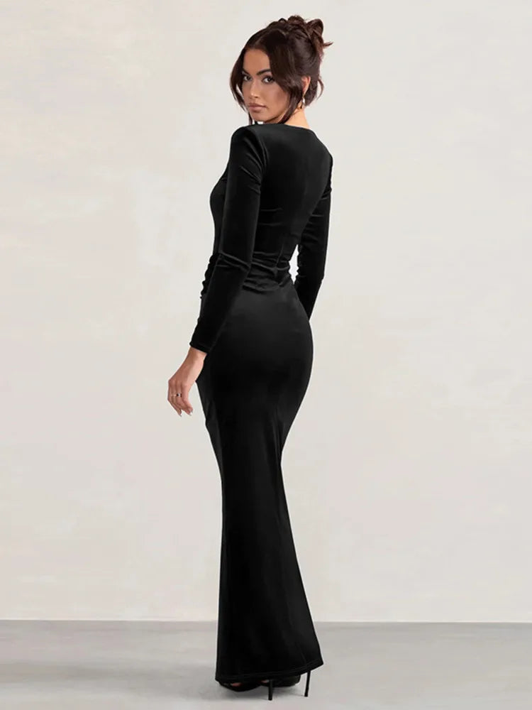 Velvet long sleeve evening dress with square collar and thigh-high split.