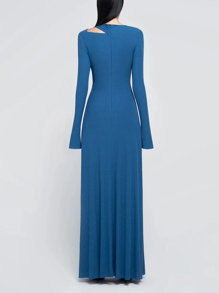 Hollow Out Long Sleeve Autumn Solid Color Elegant Dress in blue.