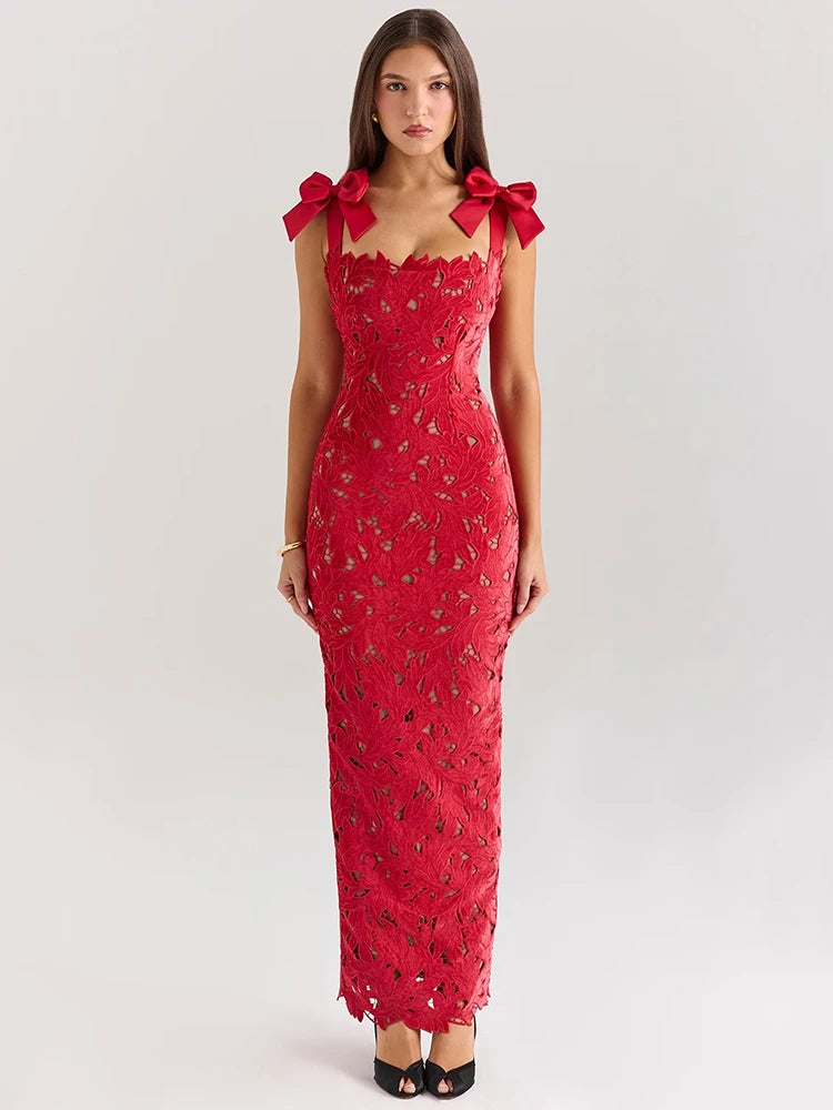 Elegant bows lace sleeveless backless bodycon Christmas dress in red.