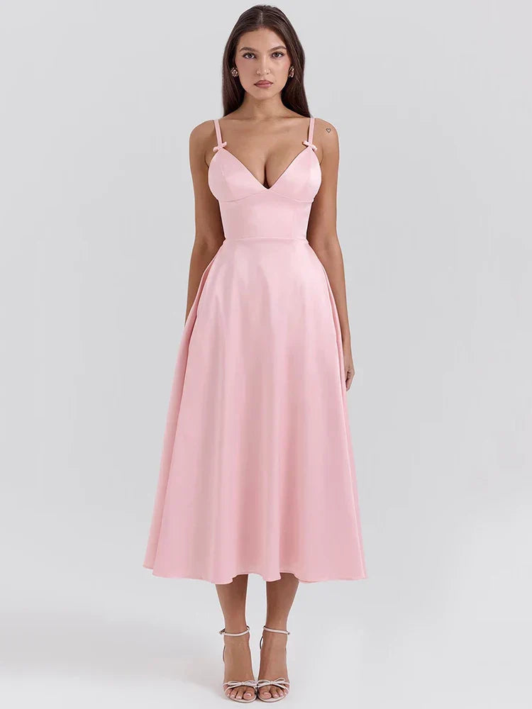 Satin spaghetti strap sexy midi V-neck sleeveless high waist A-line evening dress.