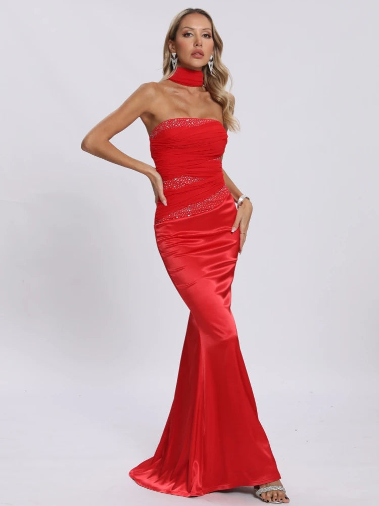 Elegant strapless red dress with mesh patchwork and scarf for Christmas.