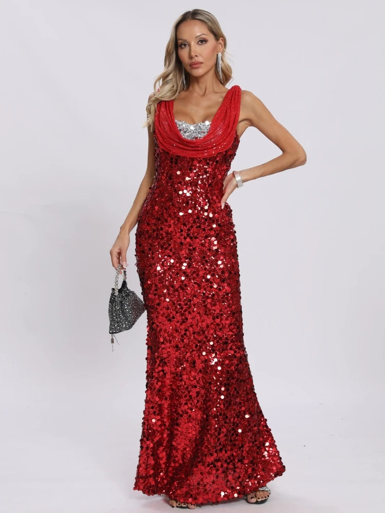 Red sequin long dress with swinging neck perfect for Christmas party.