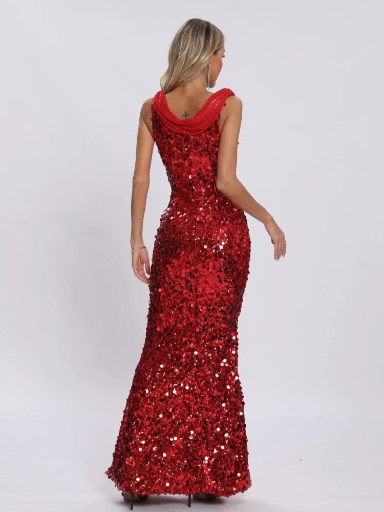 Red sequined long dress with swinging neck, perfect for Christmas party.