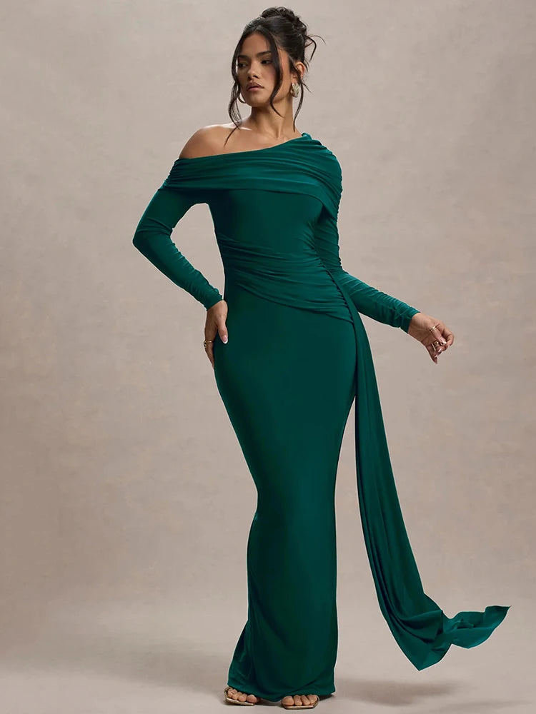 Elegant skew collar draped long sleeve maxi dress for formal occasions.