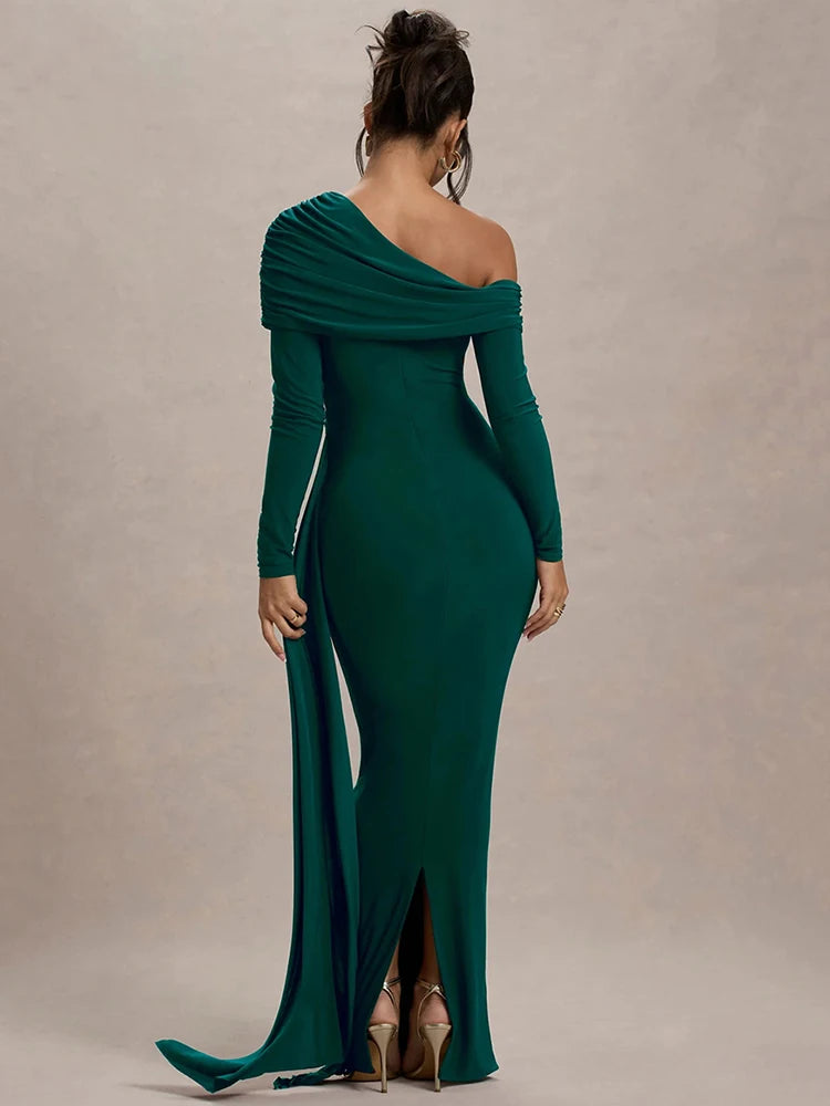 Skew collar draped long sleeve elegant maxi dress for formal occasions.